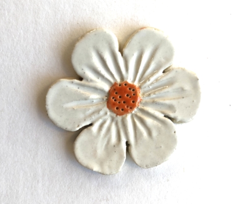 A white flower with orange center on top of it.