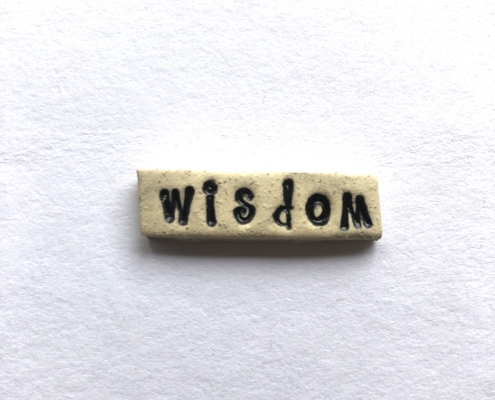 A small piece of paper with the word " wisdom ".